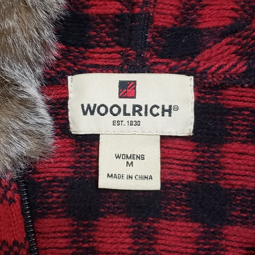 Woolrich Womens Buffalo‎ Plaid Lambswool Sweater Vest Faux Fur Hood Sz Medium